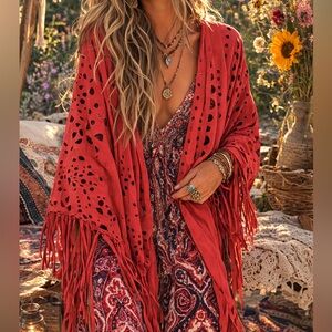 Karma Red Terracotta Faux Suede Cut-out Tassel Boho Wrap